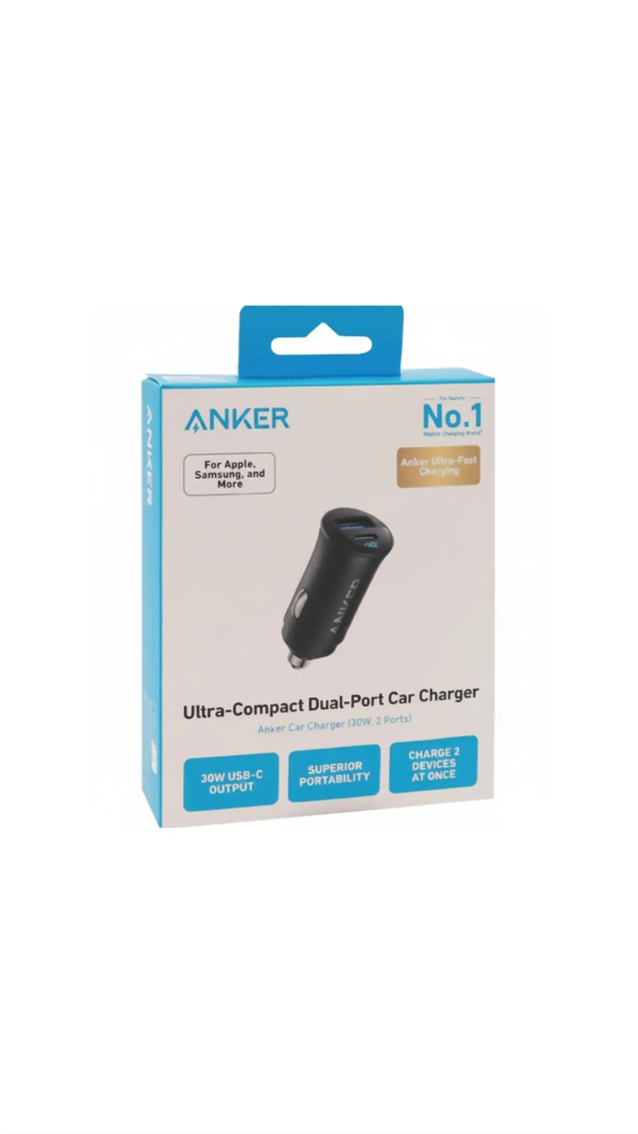 Ultra compaxt dual port car charger 30w